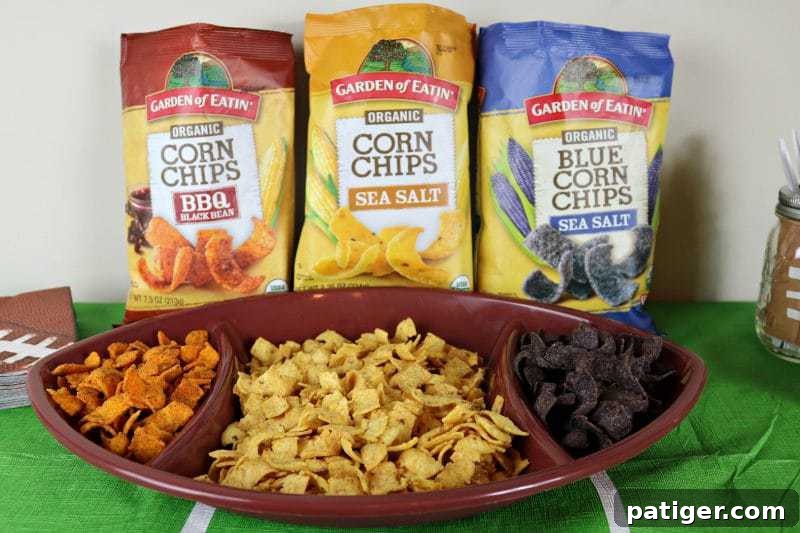 Bags of Garden of Eatin' Chips in various flavors, perfect for healthy Game Day snacking.