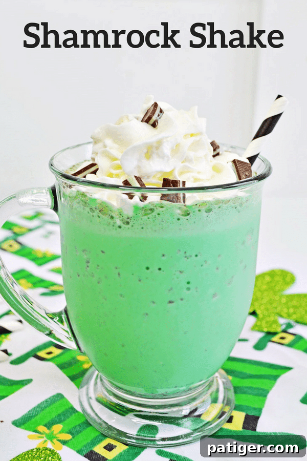 A close-up of a bright green mint chocolate chip milkshake in a glass mug, topped with whipped cream and chopped Andes Mints, featuring a white and black striped paper straw. The mug is placed on a festive leprechaun hat tablecloth. The image prominently features the text 'Shamrock Shake'.