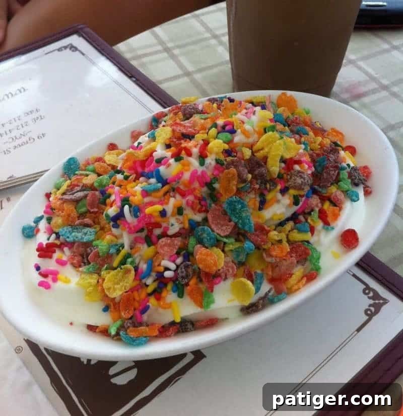 Delicious frozen yogurt topped with Fruity Pebbles and sprinkles from Cafe Angelique in Tenafly, a European-style cafe.