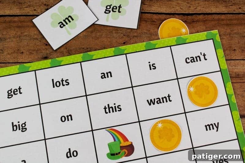 St. Patrick's Day Sight Word Bingo game in action, featuring colorful boards and gold coin markers, perfect for an engaging educational activity to learn sight words.