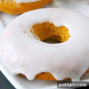 Baked pumpkin doughnuts served warm and smothered with glaze are the perfect Fall recipe for breakfast and dessert alike.