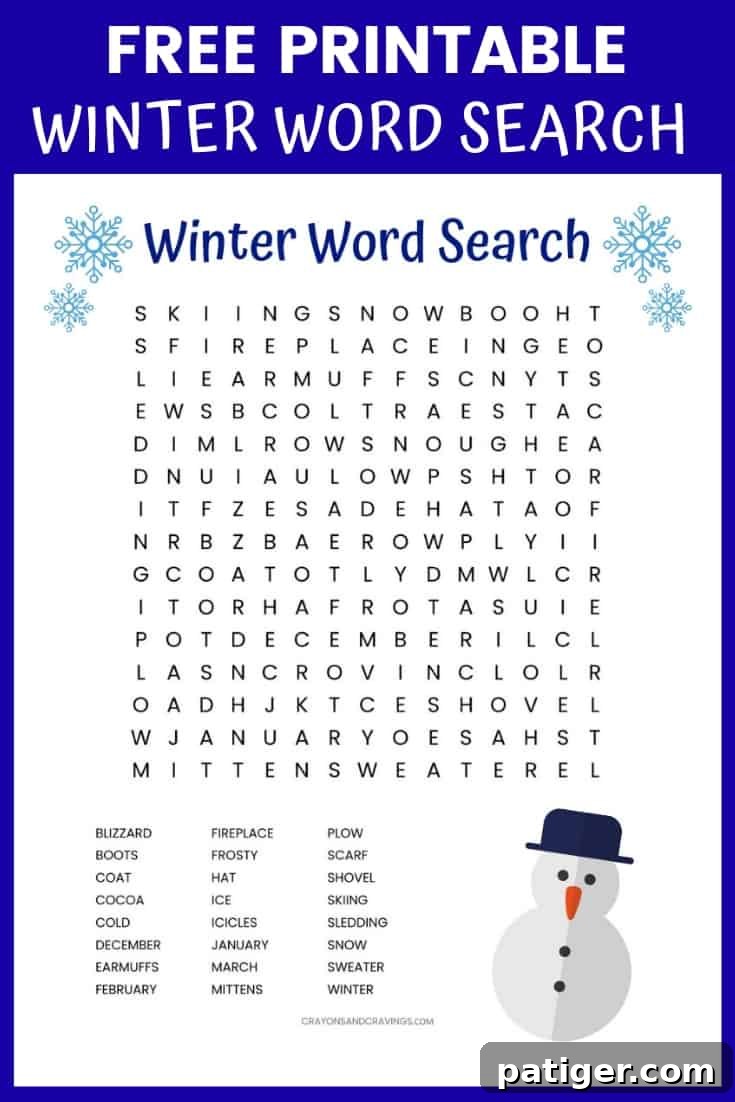 Free printable Winter Word Search puzzle featuring 24 Winter themed vocabulary words. An engaging activity for kids and adults to download and print for classroom or home use.