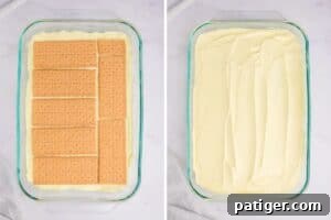 Two image collage of lemon icebox cake being made by laying graham cracker sheets over layer of pudding and adding another pudding layer.