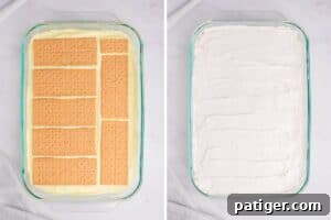 Another layer of whole graham crackers in the baking dish and then a layer of whipped topping.