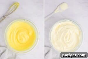 Glass mixing bowl and wire whisk with lemon pudding before and after cool whip is folded in.