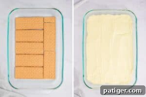 Two image collage of glass 9x13 baking dish with layer of graham crackers laid in the bottom and then topped with lemon pudding.