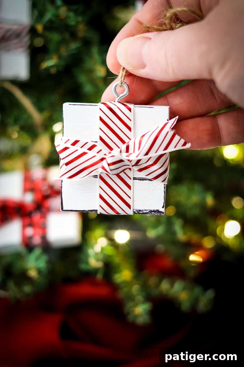 Gift Box Ornament with Red and White Ribbon
