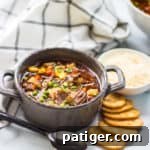 Beef Vegetable Soup served with crackers and cheese