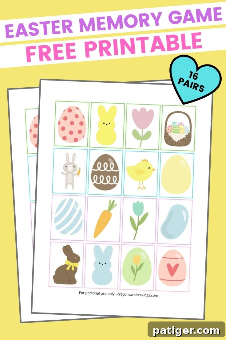 Easter Memory Game Free Printable with 16 pairs of cards.