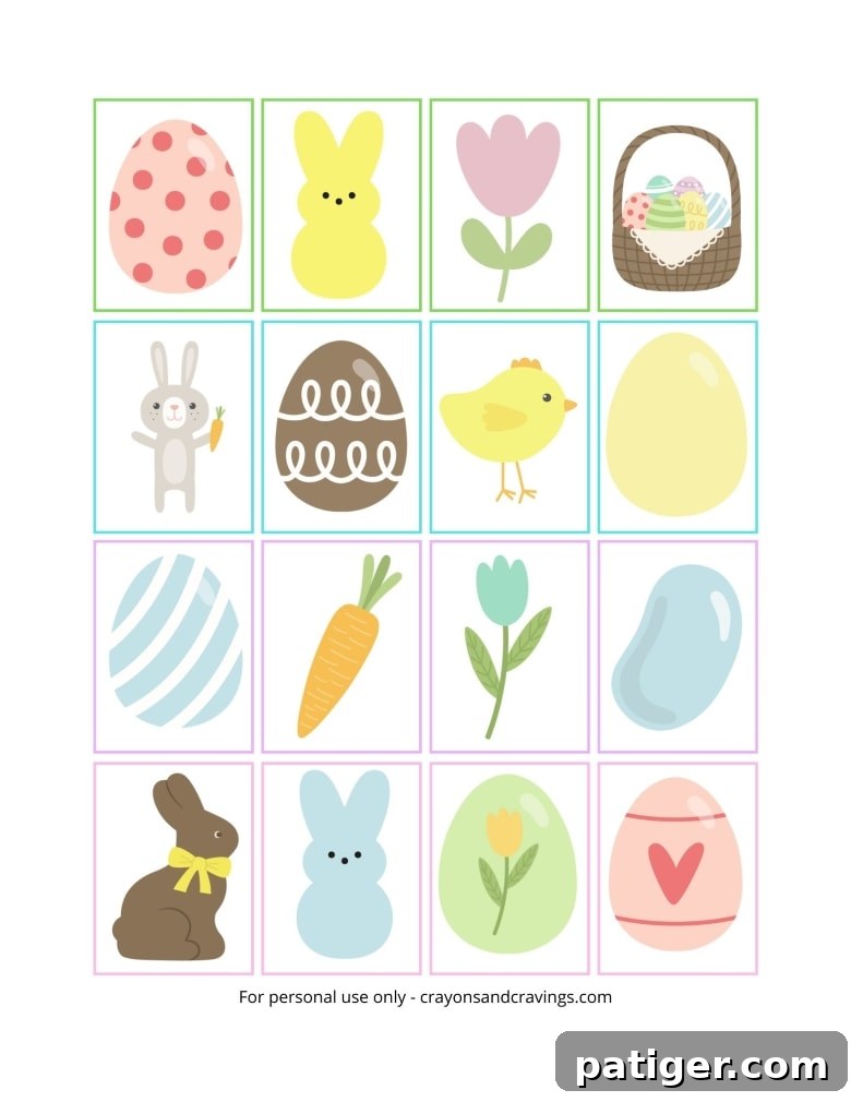 Easter Memory game printable with 16 Easter-themed pictures to children to match.