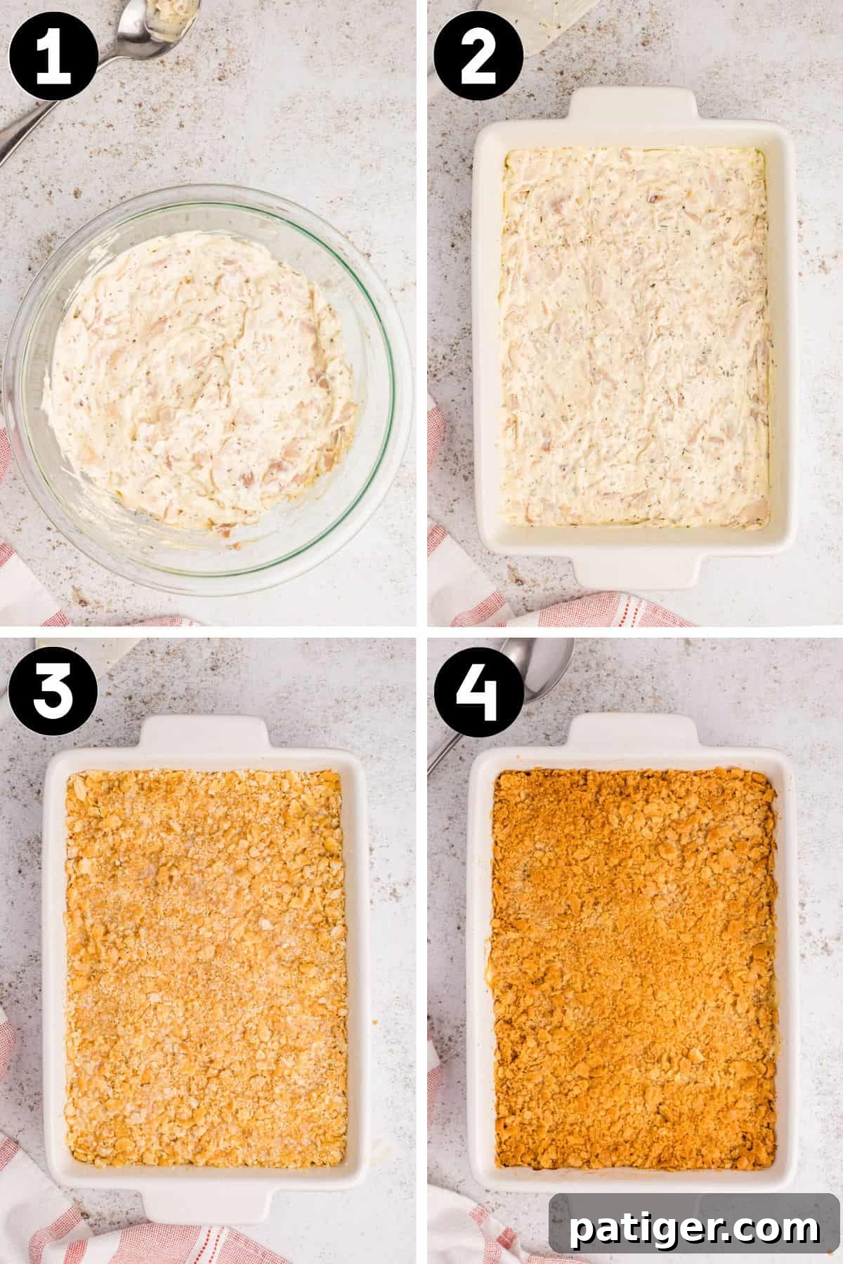 Four image collage demonstrating how to make Ritz Chicken Casserole. 1: chicken, sour cream, soup, and seasoning combined in mixing bowl. 2: Creamy chicken mixture in baking dish. 3: casserole topped with crushed crackers. 4: Golden brown ritz-topped chicken casserole after being baked to perfection.
