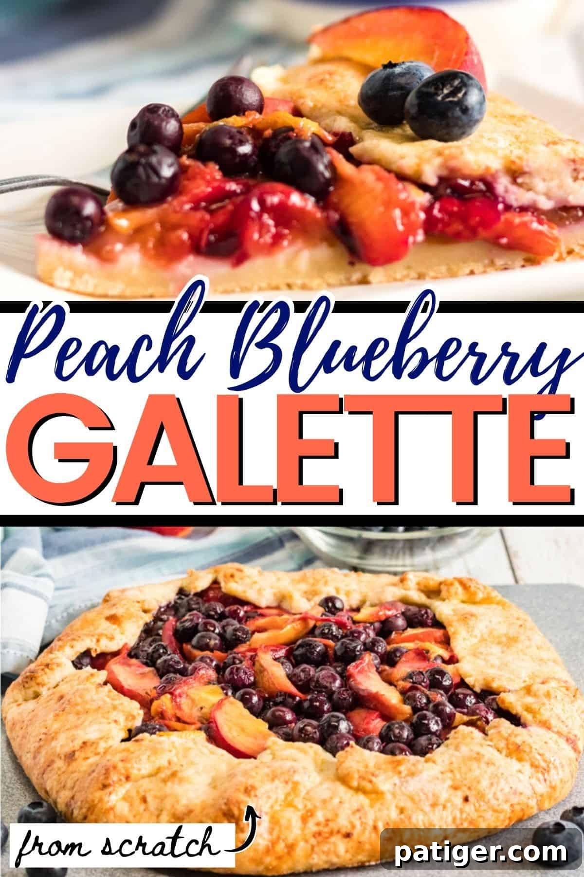 Beautifully baked Peach Blueberry Galette from Scratch, with a golden, flaky crust and vibrant fruit filling, perfect for pinning to your dessert board.