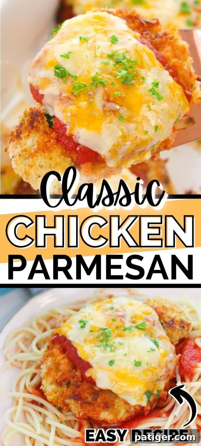 Classic Chicken Parmesan recipe pin showing the delicious finished dish
