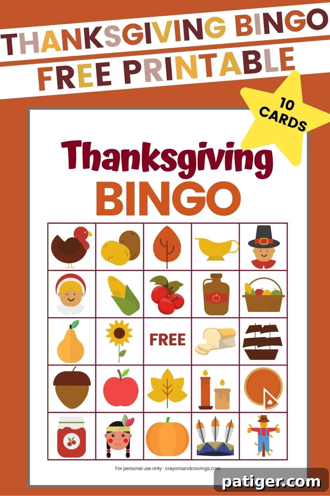 Thanksgiving BINGO Free Printable with 10 different cards - perfect for kids and family fun.