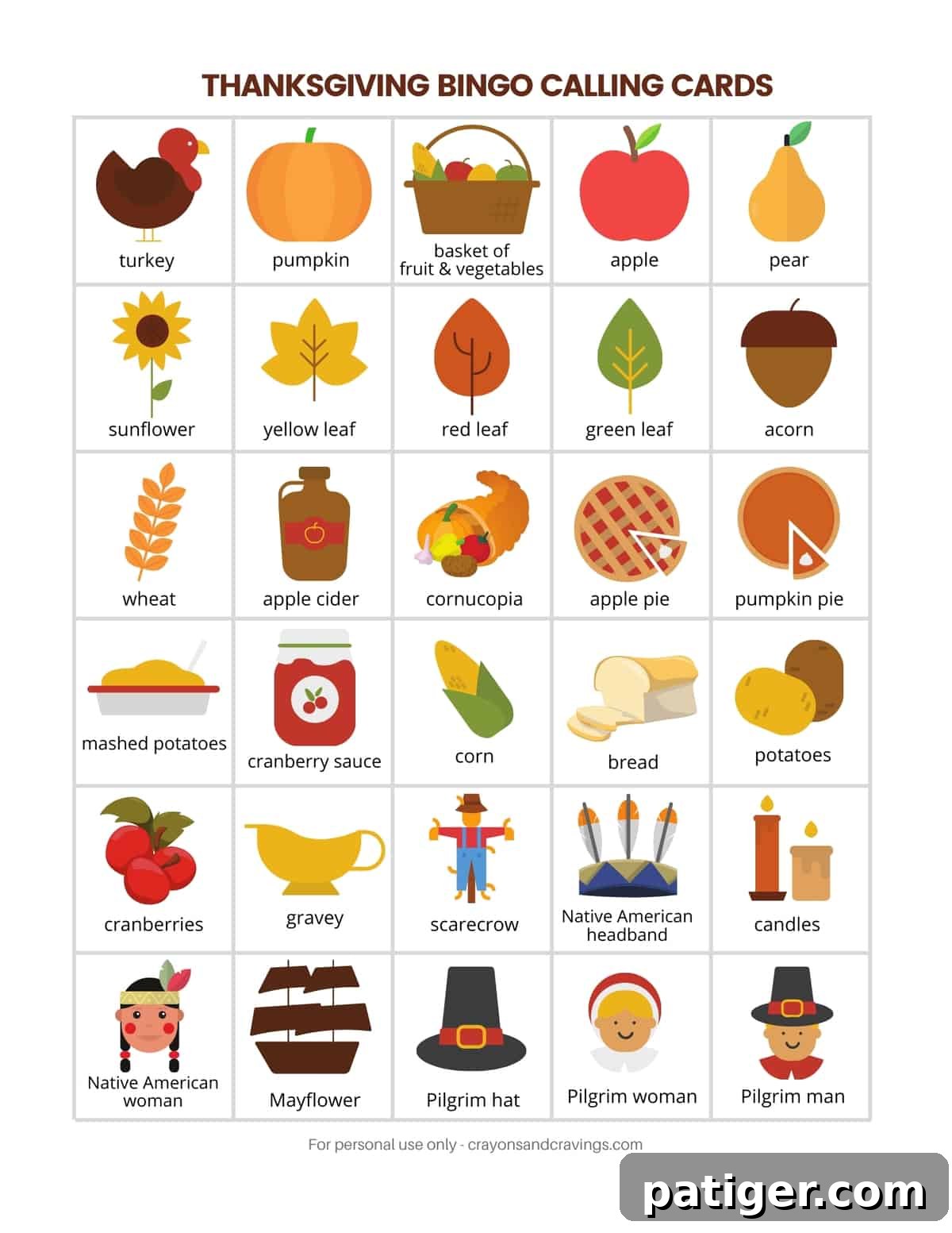 Clear and colorful Calling Cards for Thanksgiving Bingo.