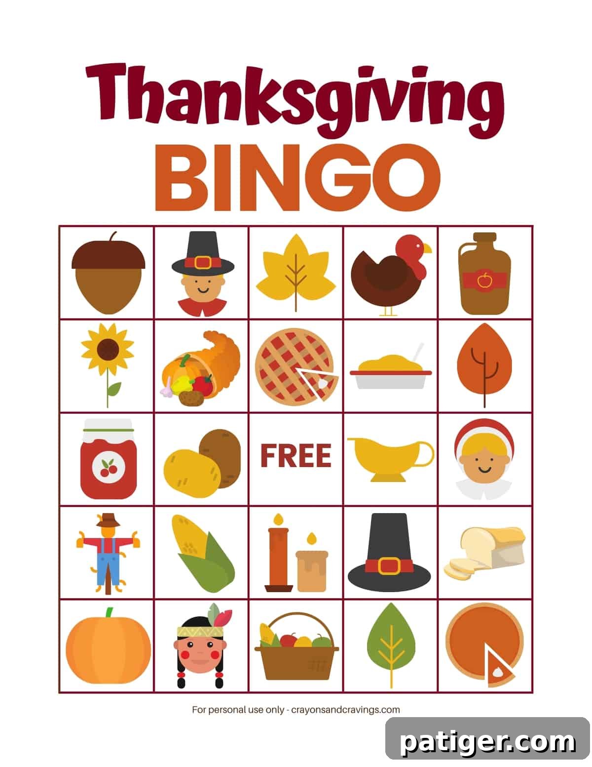 Sample Thanksgiving Bingo card - for personal use only - featuring festive illustrations.
