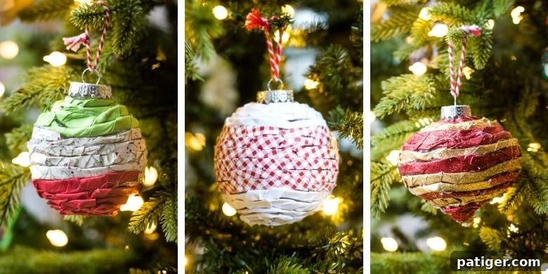Scrapbook paper Christmas ornament craft: A display of several twisted paper ornaments, highlighting the different textures and patterns achieved with scrapbook paper.