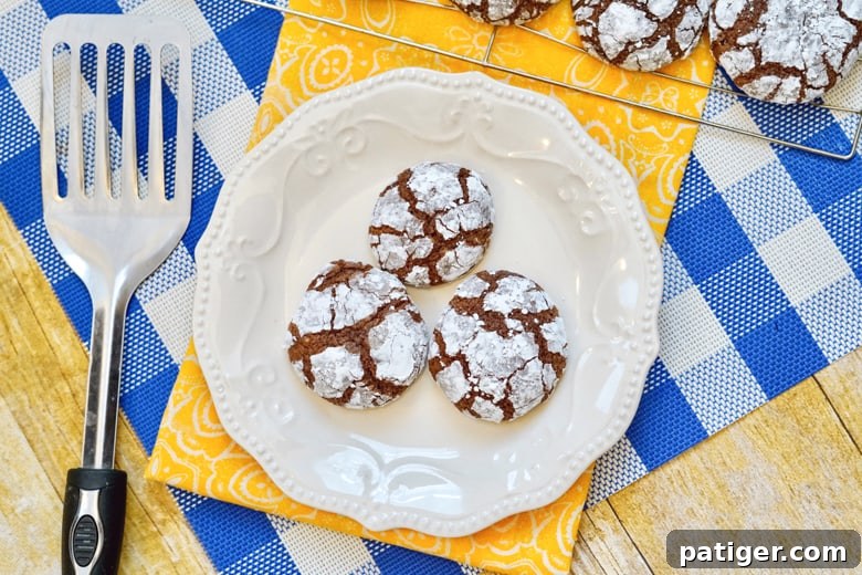 Close-up of baked chocolate crinkle cookies on a white plate with a spatula, with more cookies cooling on a wire rack in the blurred background.