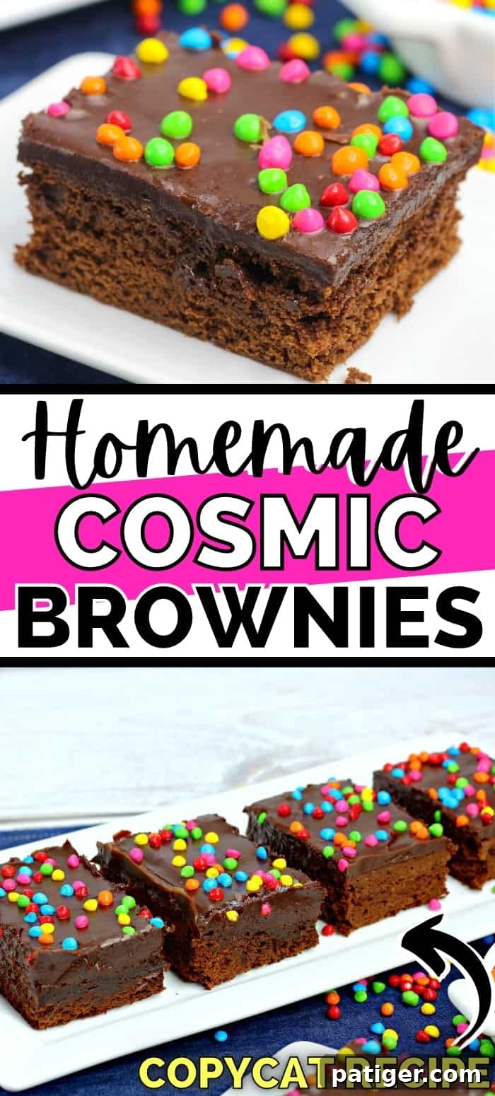 Homemade Cosmic Brownies with Ganache and Rainbow Chips - Pin Image