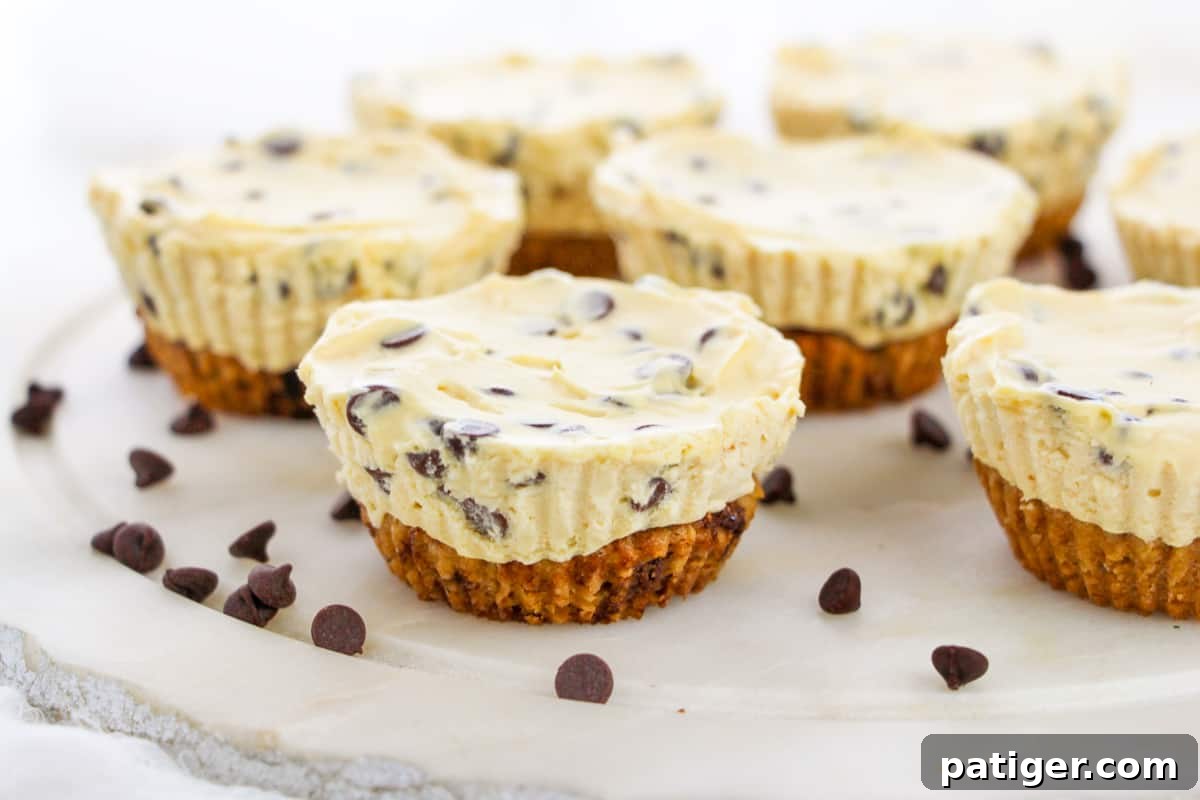 Close-up view of delectable Cookie Dough Cheesecake Cupcakes, featuring a perfectly baked cookie crust cradling a creamy, luscious no-bake chocolate chip cookie dough cheesecake filling, ready to be enjoyed.