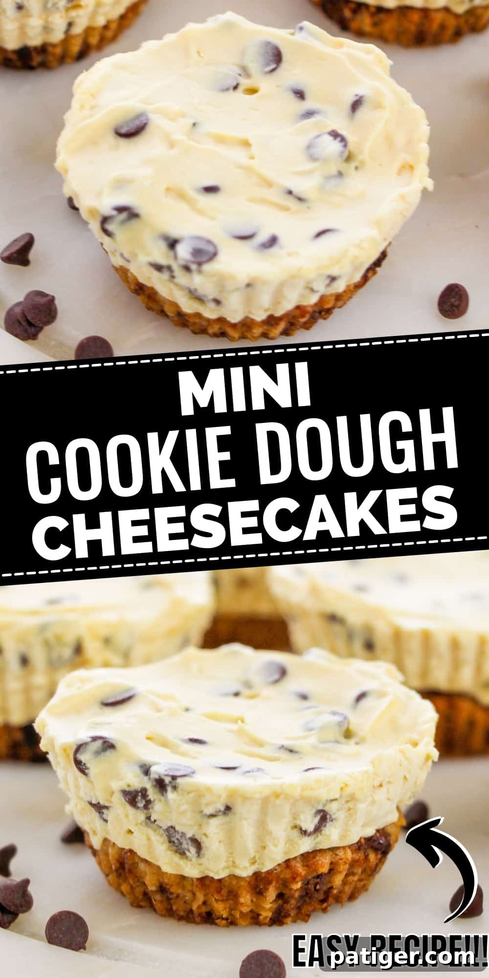 A stunning vertical shot of Mini Cookie Dough Cheesecakes, perfectly presented and ready to be served, emphasizing their bite-sized appeal.