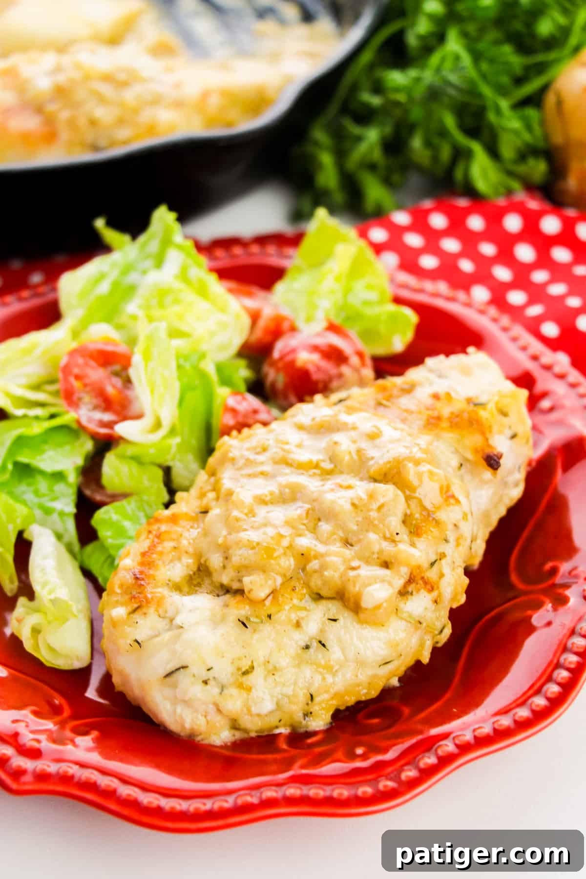 Smothered Chicken Breast served with fresh green salad on a vibrant red plate.
