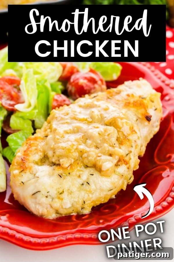High-quality image of smothered chicken on a red plate with a green salad, featuring text overlay 'Smothered Chicken, one pot dinner'.