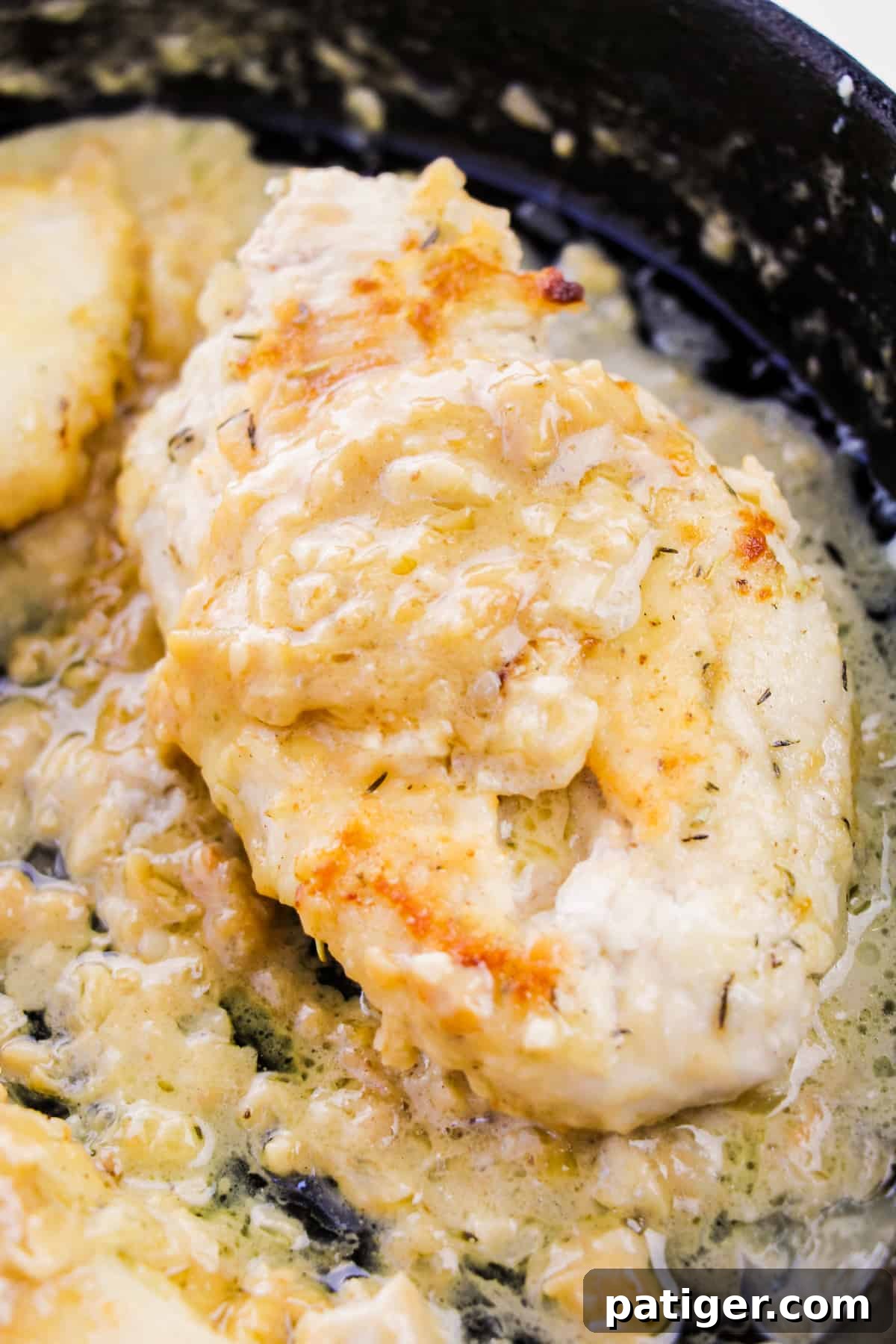 Golden-brown chicken breasts simmering in a thick, rich onion gravy within a cast iron skillet.