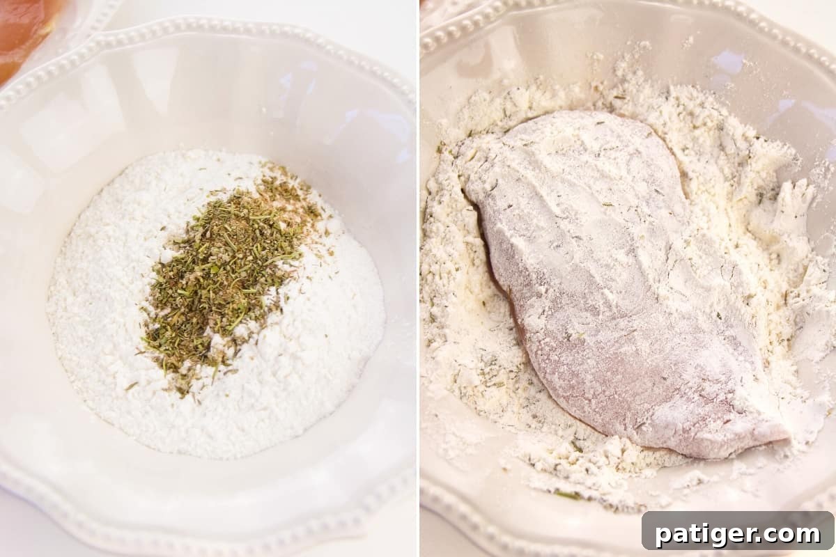 A two-image collage showing the chicken dredging process. On the left, a plate with seasoned flour. On the right, a chicken breast being coated in the flour mixture.