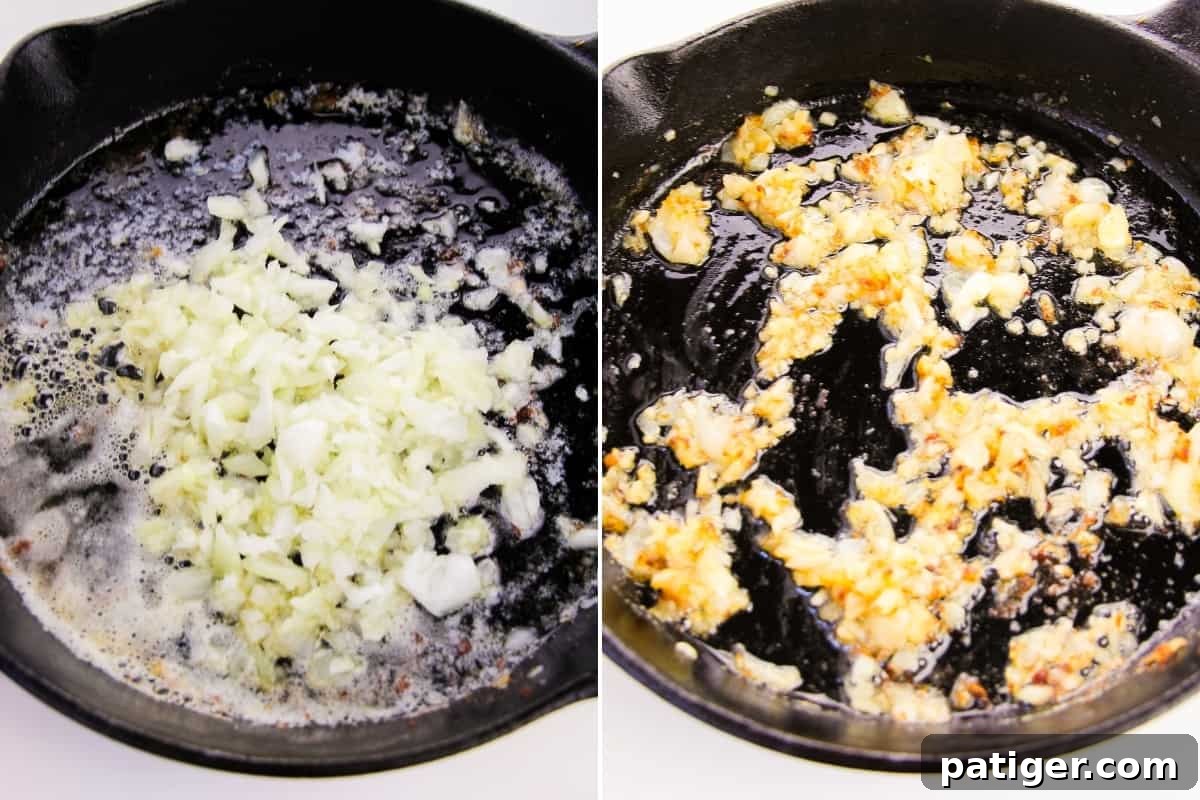 A two-image collage illustrating the cooking of aromatics. On the left, raw diced onions and garlic in a skillet. On the right, beautifully browned onions and garlic in the same skillet.