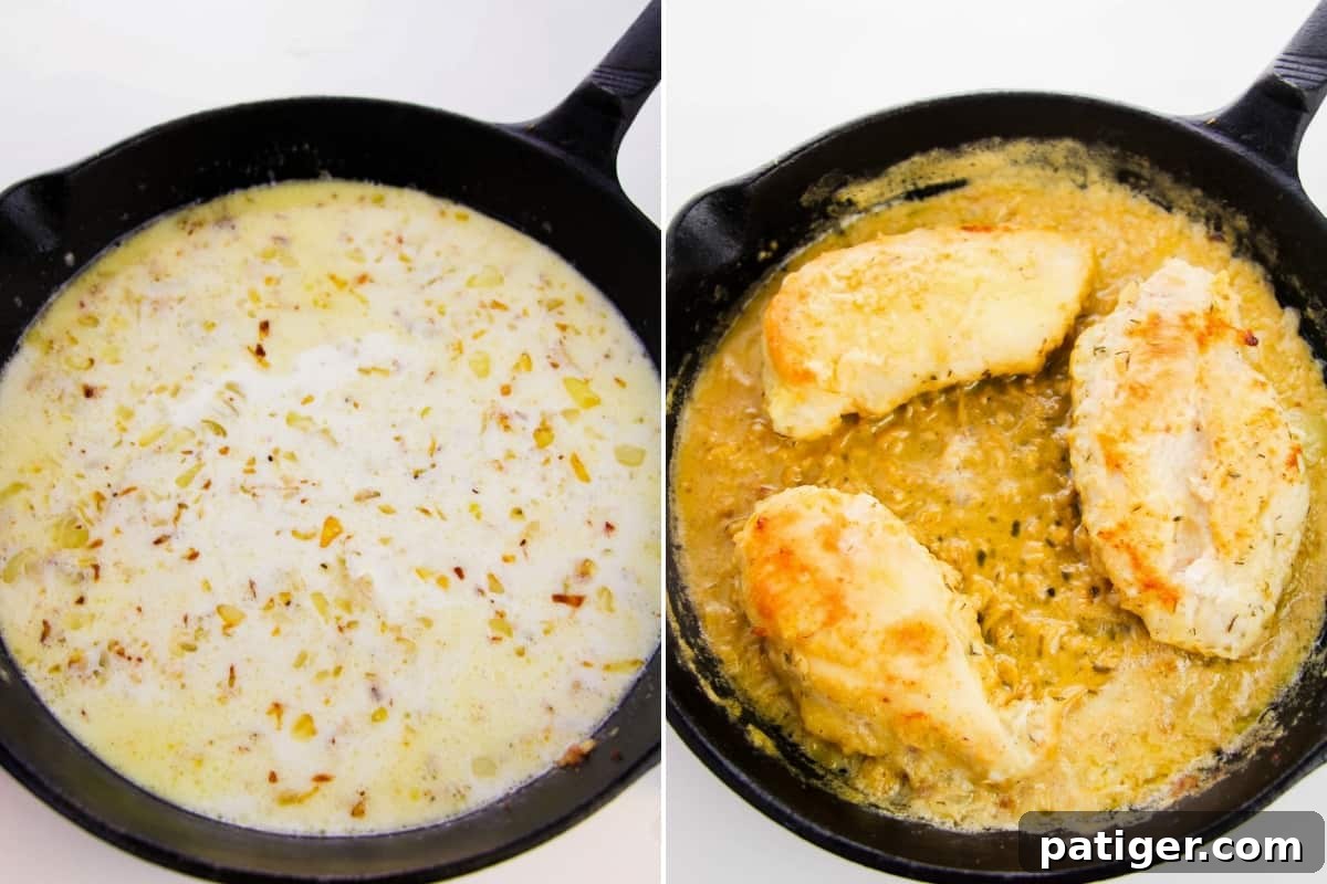 A two-image collage demonstrating gravy completion. On the left, creamy sauce simmering in a skillet. On the right, three smothered chicken breasts perfectly coated in the rich gravy in the skillet.
