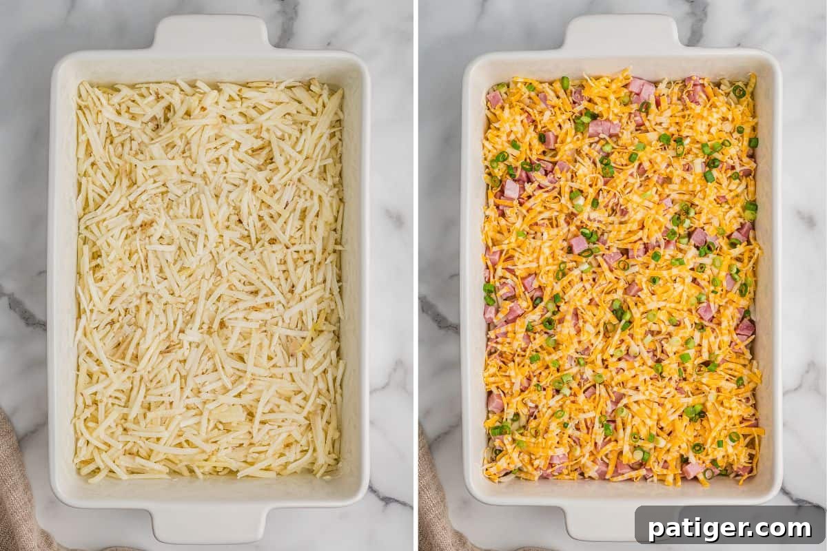 Two side-by-side photos of a white rectangular casserole dish; the left shows a layer of plain shredded hash browns, and the right shows the dish topped with shredded cheese, diced ham, and chopped green onions.