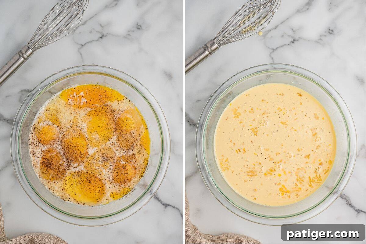 Side-by-side images of the egg mixture before and after whisking.