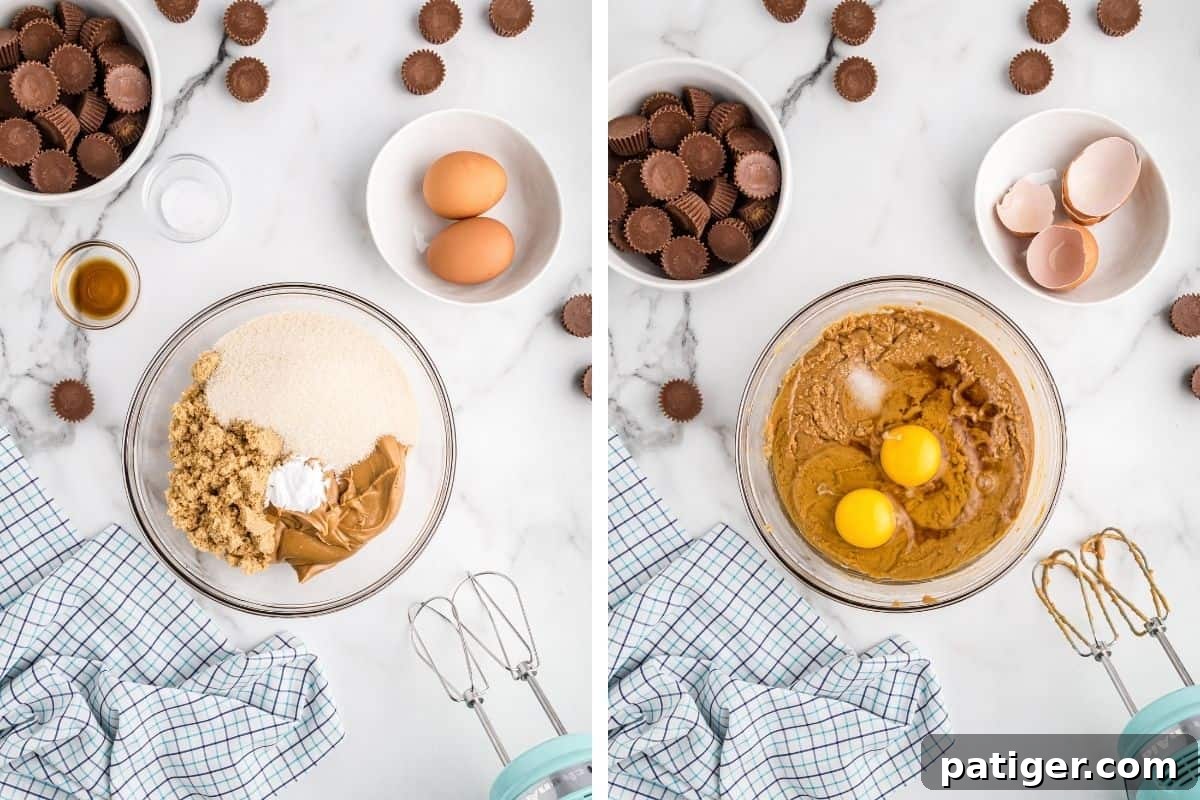 Two image collage. On left: sugar, brown sugar, peanut butter, and baking soda in mixing bowl with hand mixer next to it. On right: eggs, vanilla, and salt added to cookie batter
