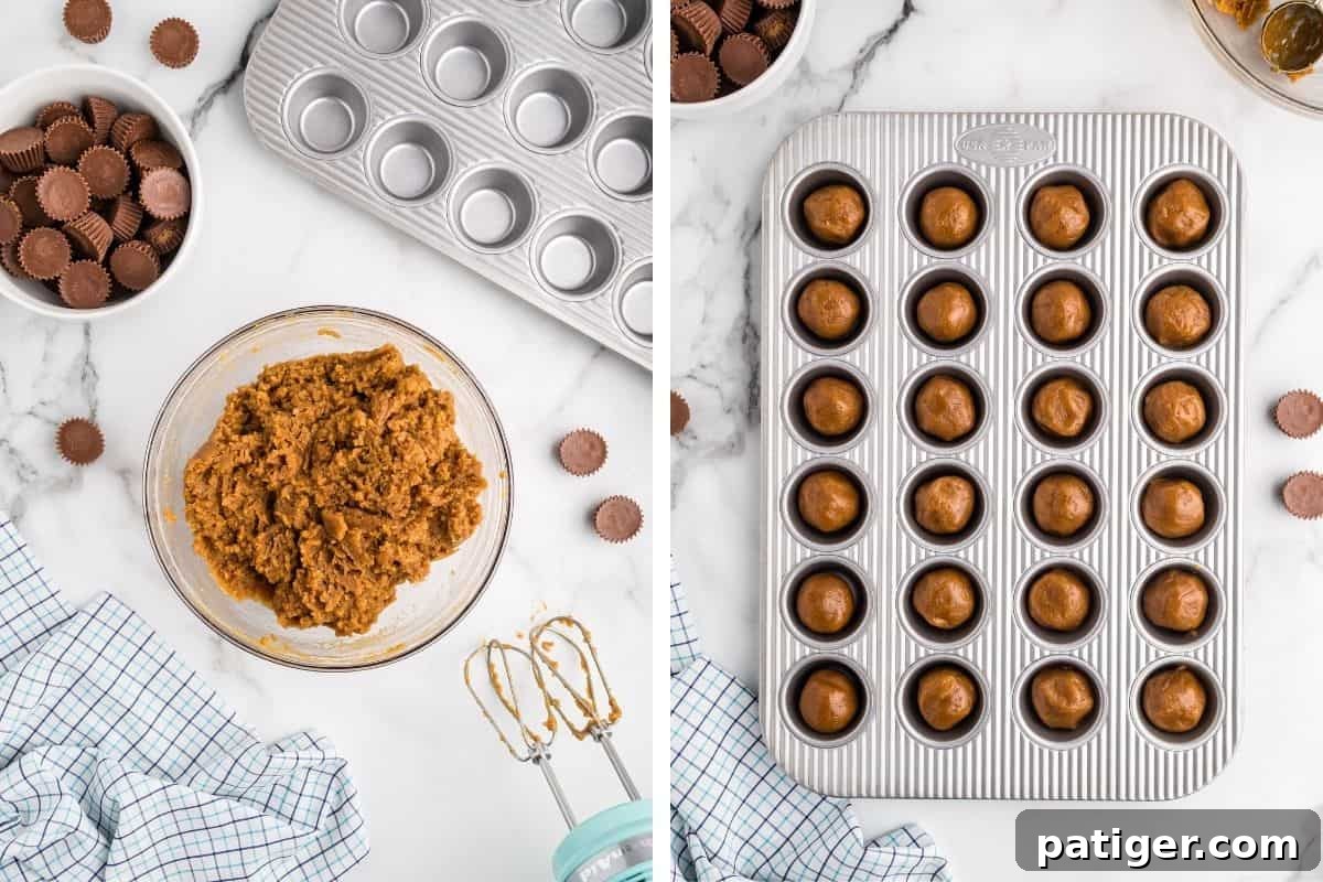 Two image collage. On left: cookie batter in mixing bowl with hand mixer and mini muffin tin next to it. On right, mini muffin tin filled with evenly-sized cookie dough balls