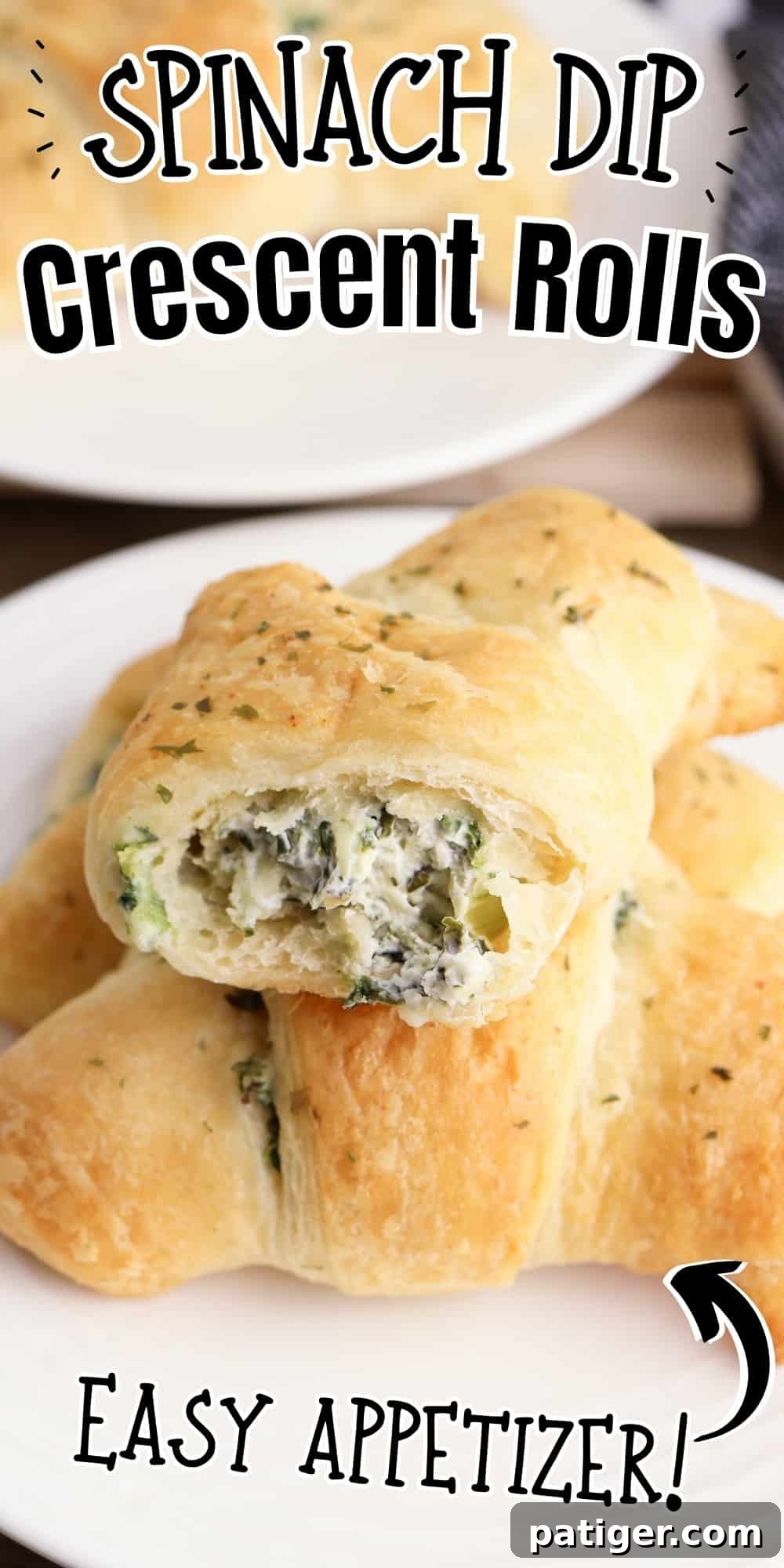 Pinterest graphic, reads: Spinach Dip Crescent Rolls; Easy Appetizer!