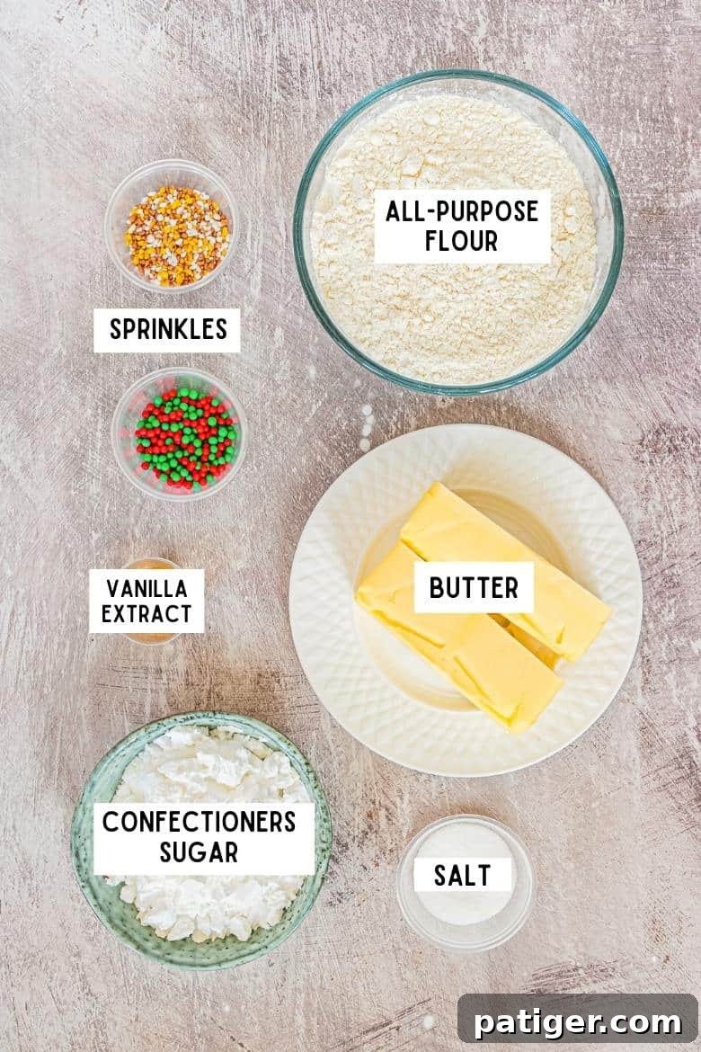Bowl of all-purpose flour, two sticks of butter, bowl of salt, bowl of confectioners sugar, cup of vanilla extract and to bowls of holiday sprinkles