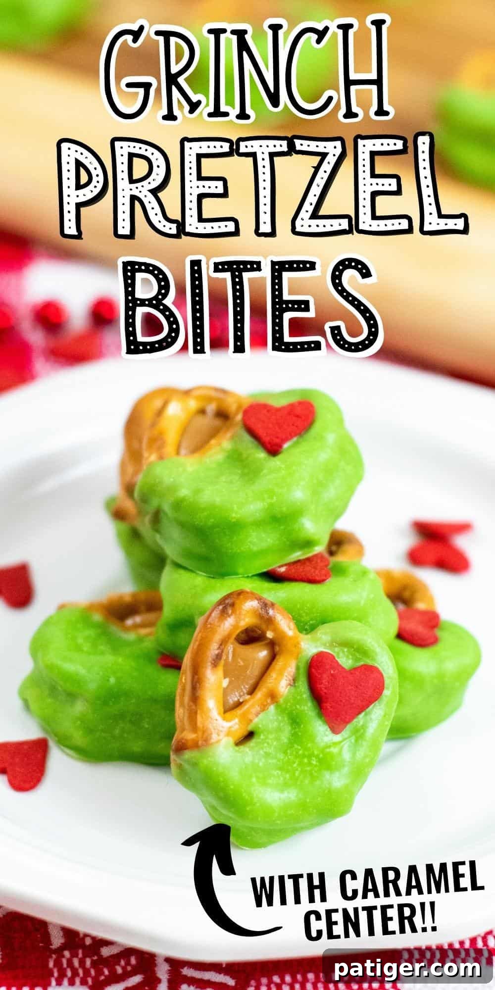 Pinterest image: Grinch Pretzel Bites with Caramel Centers