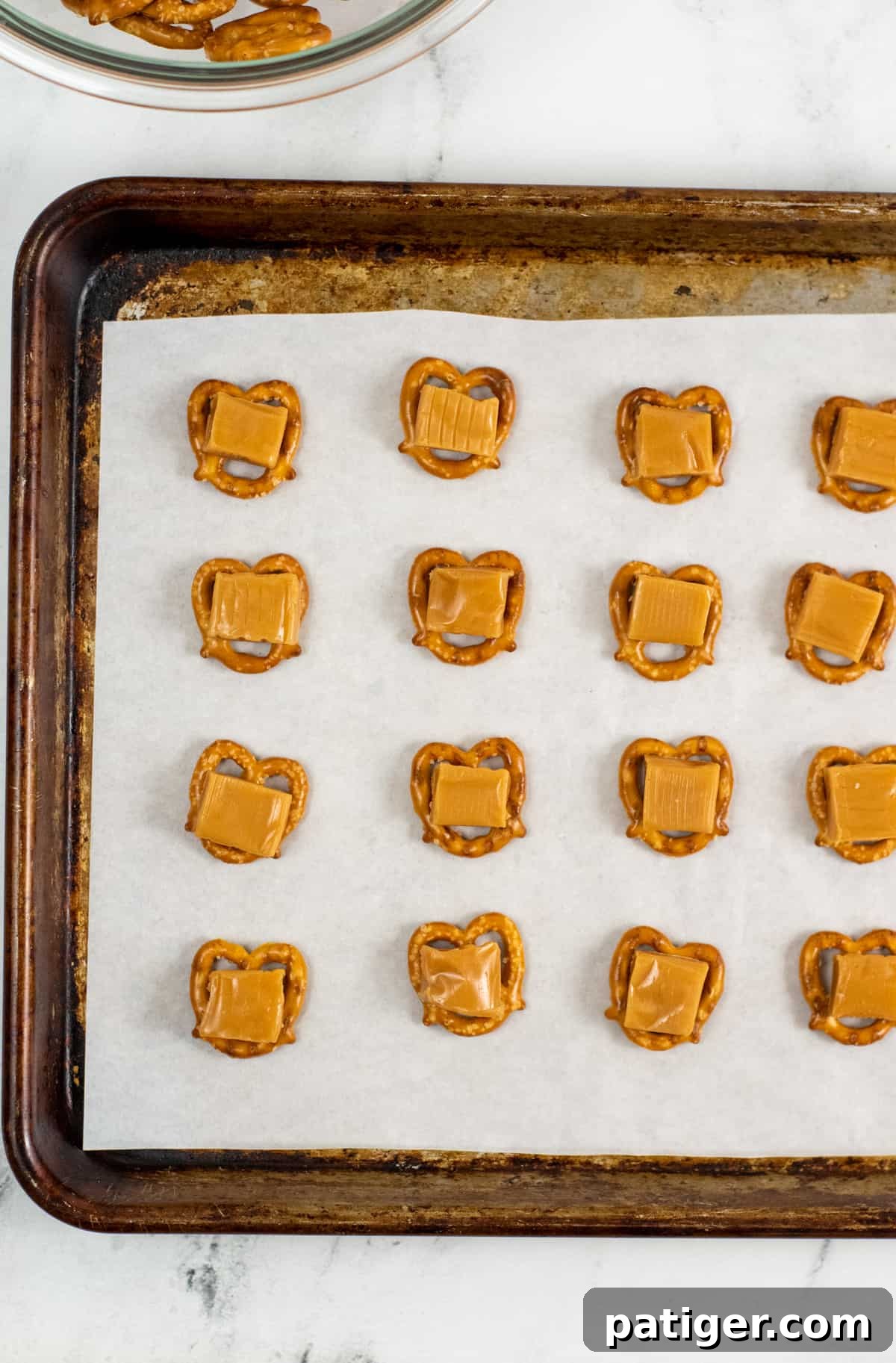 mini pretzel twists topped with caramels