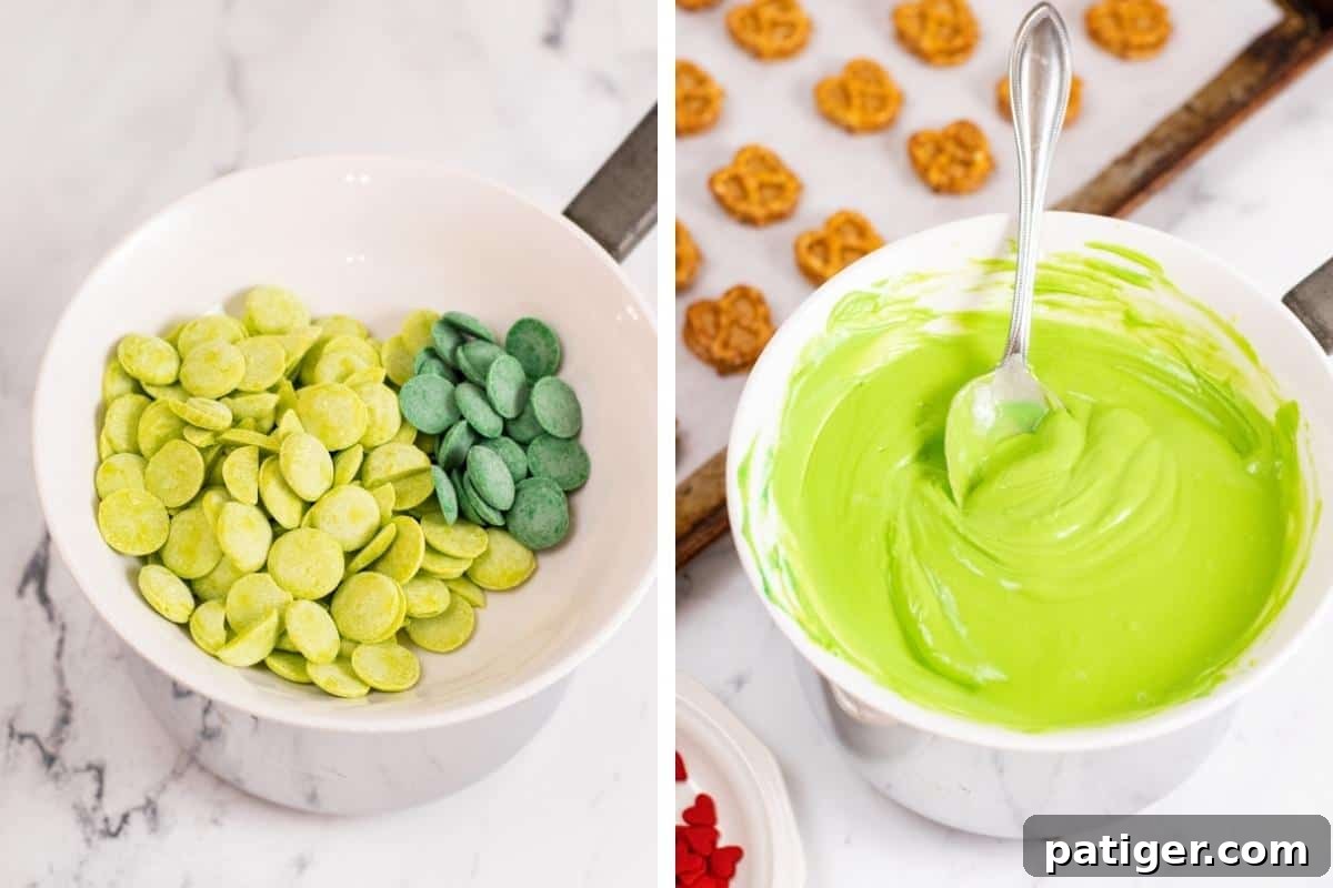 2 image collage. On left: bowl with mostly bright green candy melts and some dark green candy melts. On right: melted green candy melts with spoon in bowl