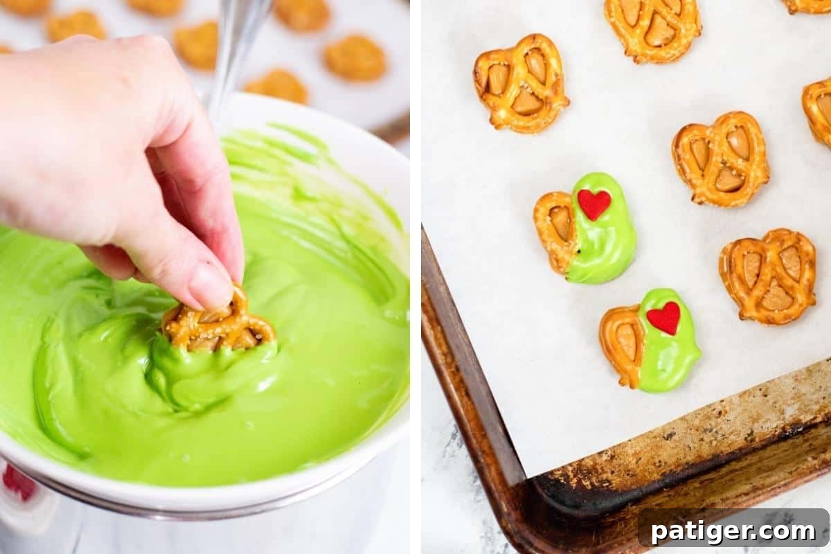 2 image collage: on left, bright green melted candy with hand dipping pretzel bite into it, on right pretzel bites on parchment-lined baking sheet. 2 of the bites are dipped in green chocolate and topped with red heart sprinkle