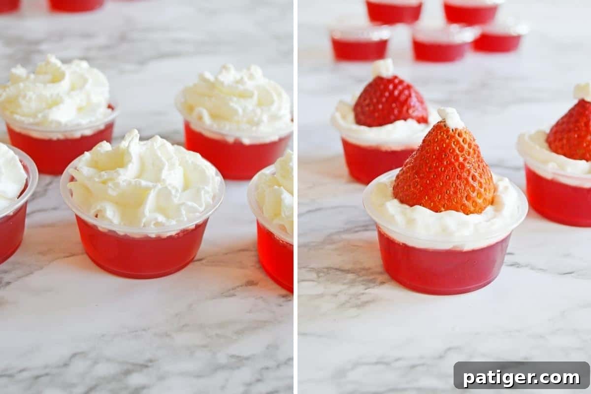 A two-image collage showing the final decoration steps: on the left, jello shots topped with whipped cream; on the right, fully decorated Santa Hat Jello Shots with strawberries and whipped cream.