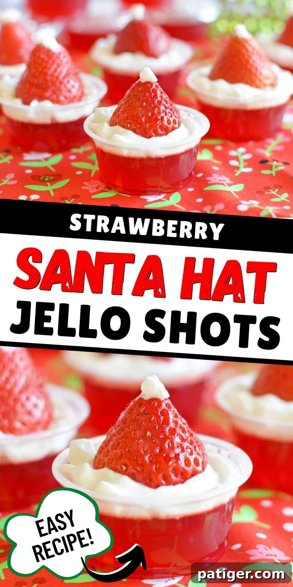 A vibrant close-up of beautifully arranged strawberry Santa Hat Jello Shots, ready for a Christmas party, highlighting their easy preparation.