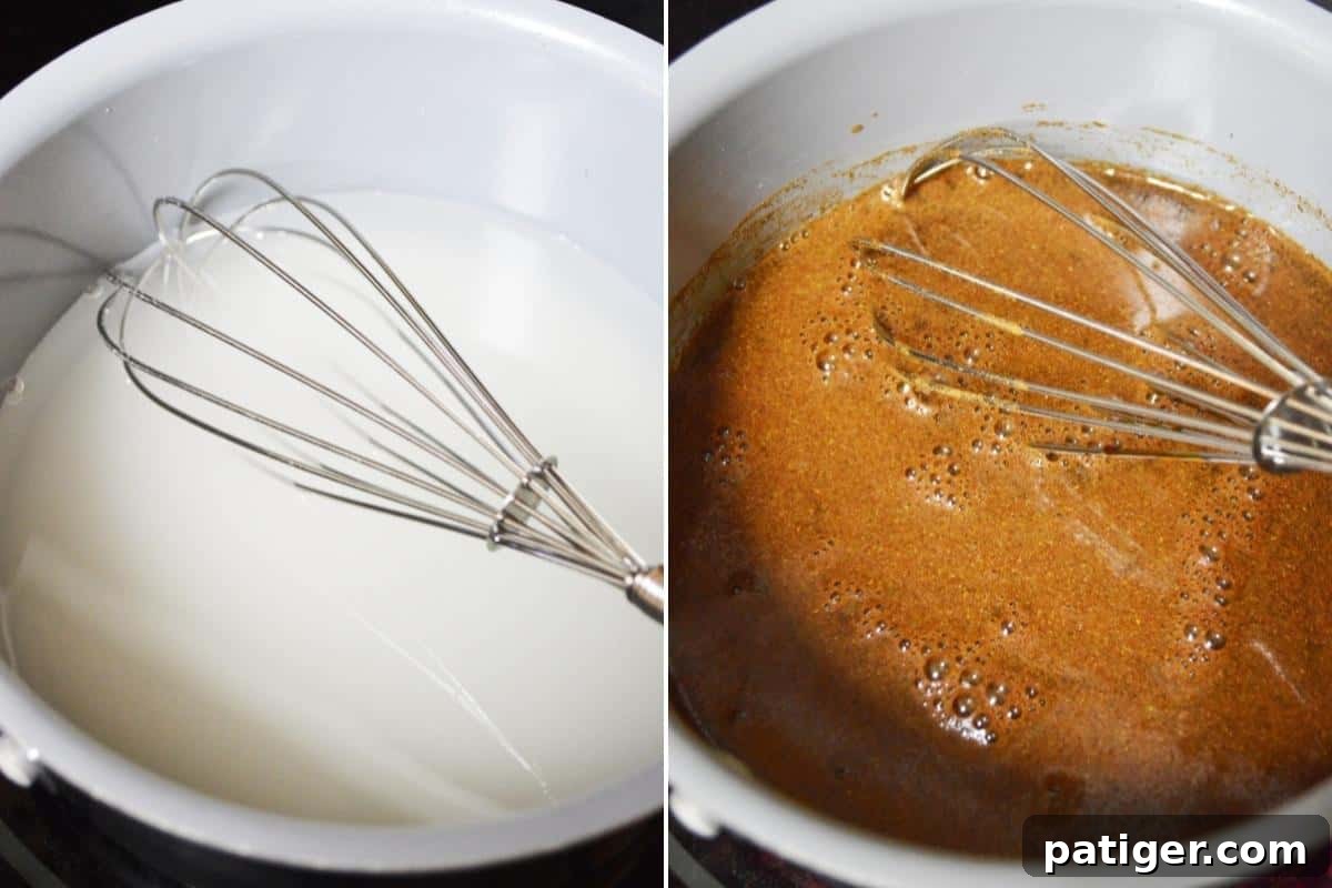 Two-image collage demonstrating the process of making gingerbread simple syrup. The left image shows liquid in a small pot with a wire whisk, and the right shows the finished gingerbread simple syrup in the pot.
