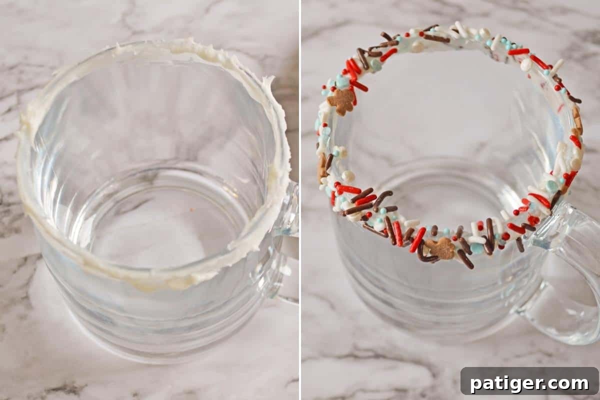 Two-image collage demonstrating how to rim a glass. On the left, a glass with vanilla frosting applied to the outside of the rim. On the right, the same glass with festive sprinkles adhered to the frosting.