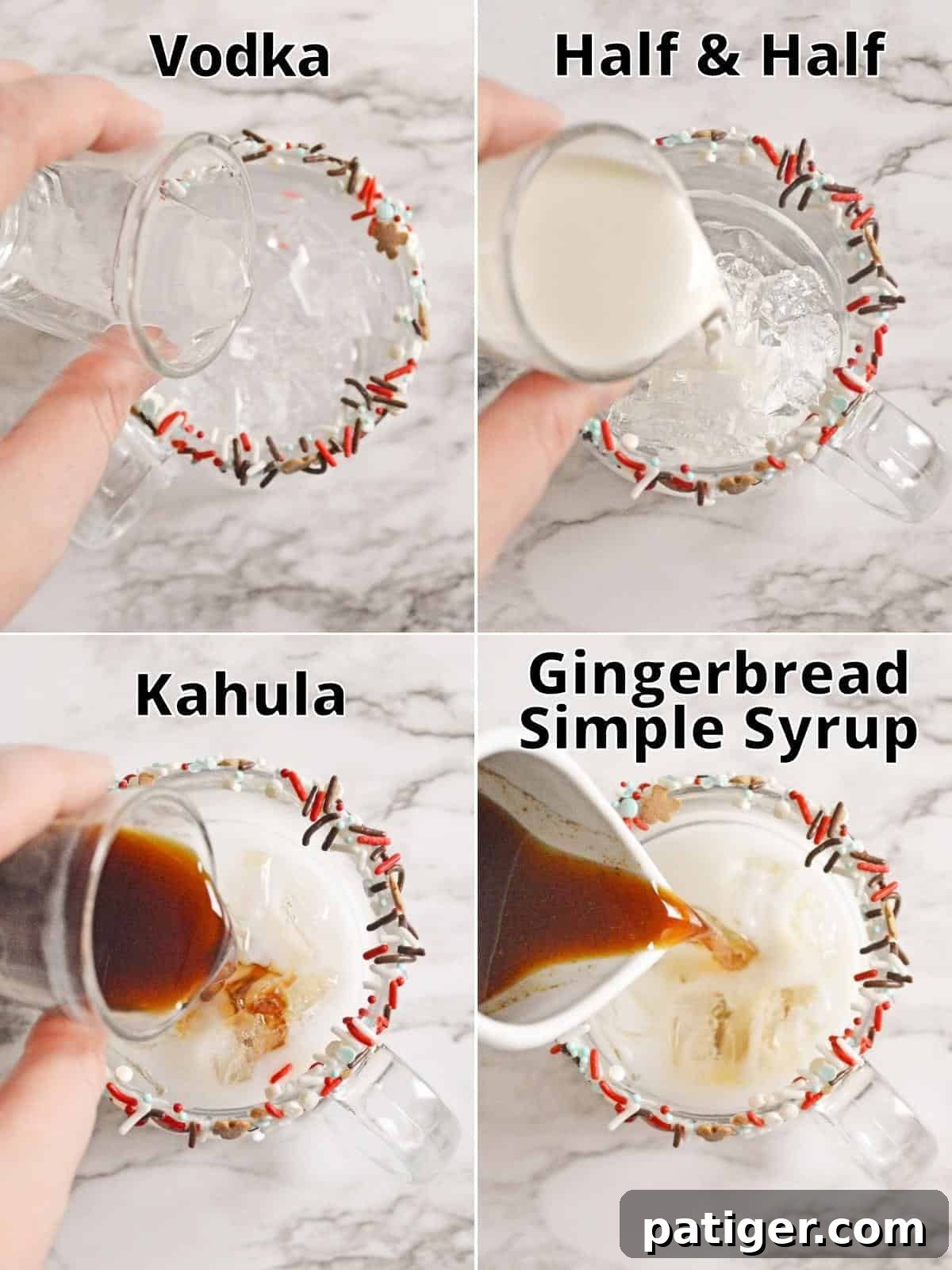 Four-image collage showing the step-by-step addition of ingredients to a sprinkle-rimmed glass mug. Top left: vodka. Top right: half and half. Bottom left: Kahlua. Bottom right: gingerbread simple syrup.