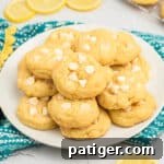 Lemon pudding cookies with white chocolate chips on a plate.