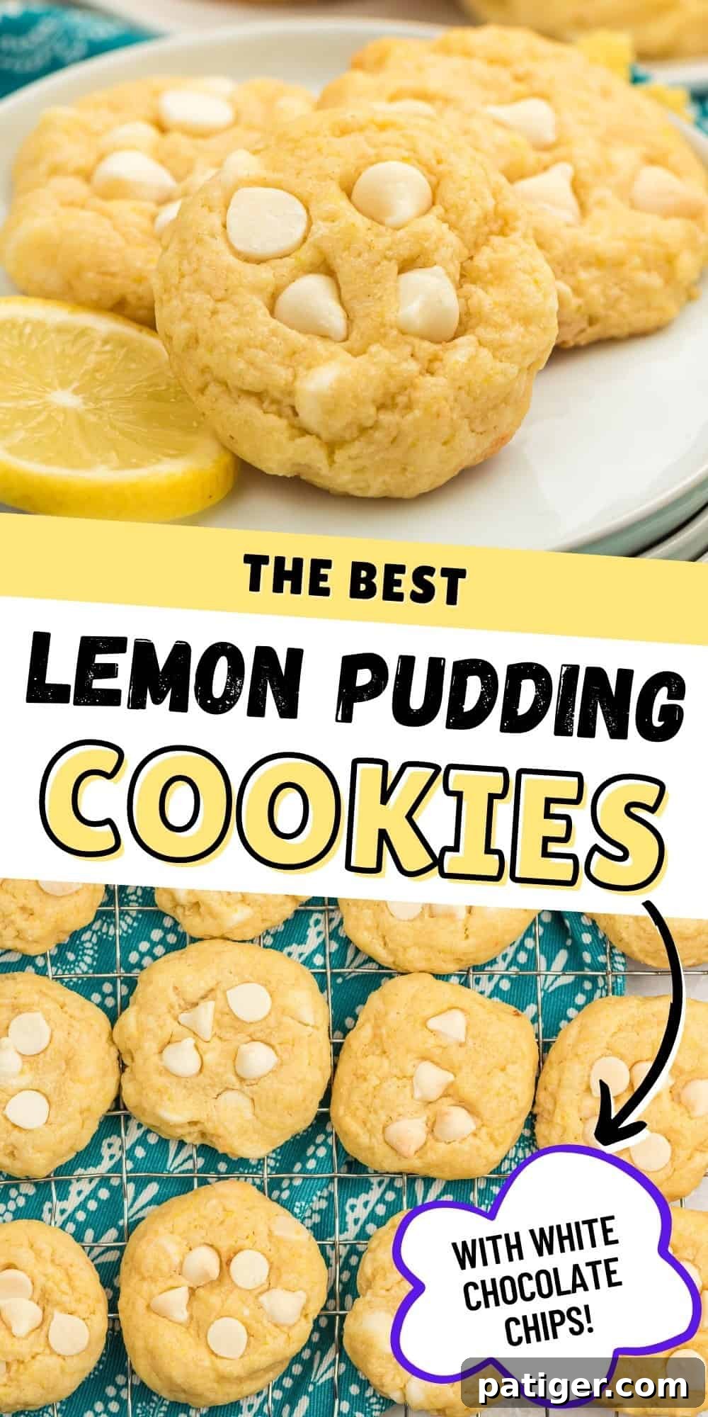 The Best Lemon Pudding Cookies with White Chocolate Chips, beautifully presented.