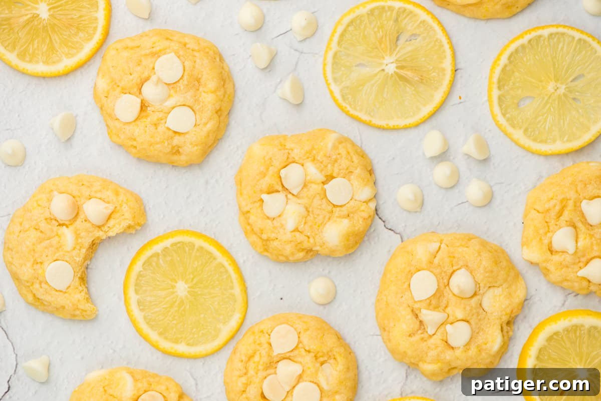 Soft lemon cookies arranged on a table with fresh lemon slices and white chocolate chips, emphasizing freshness.