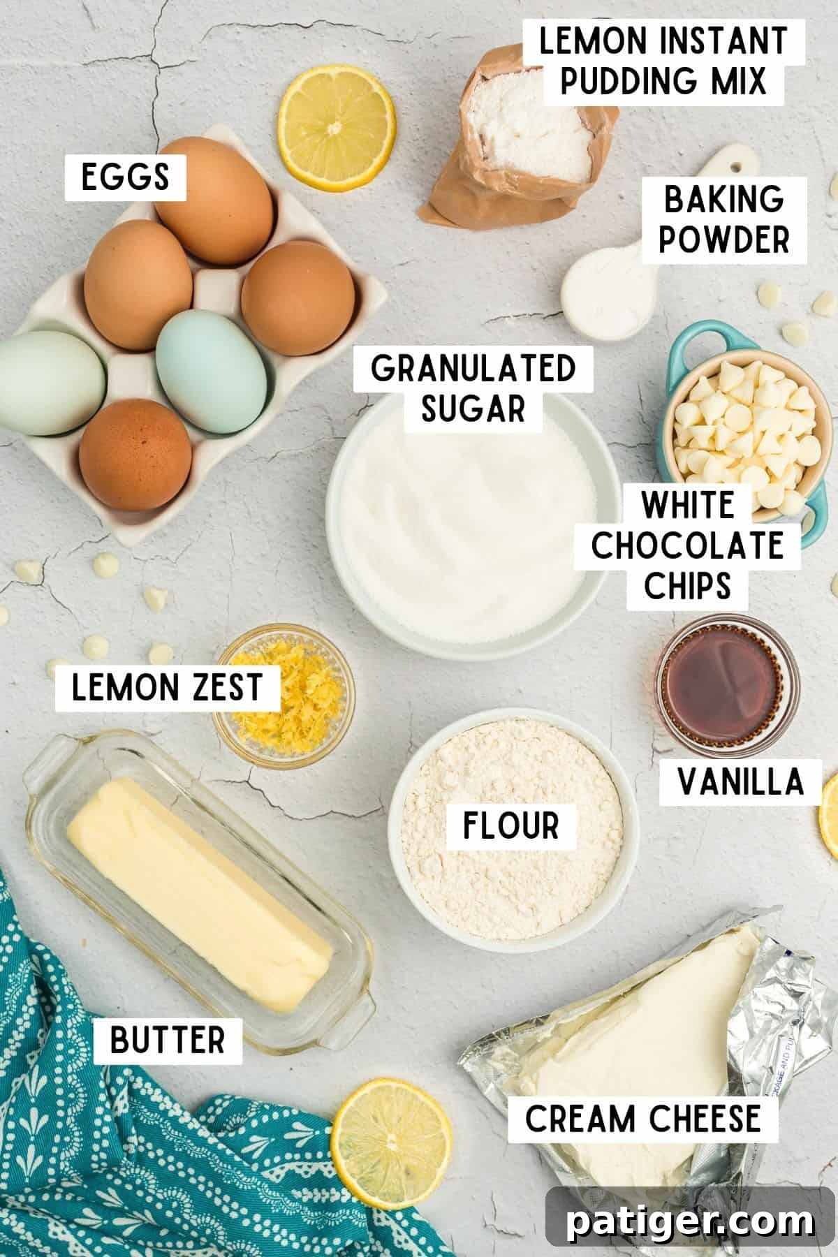 Ingredients for Lemon Pudding Cookies with Cream Cheese, neatly arranged.